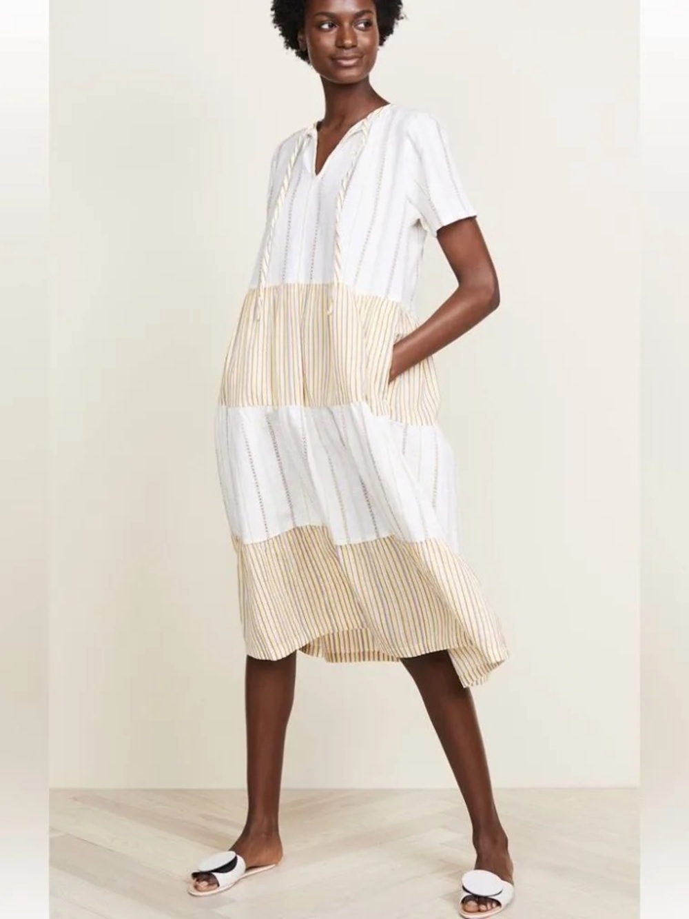 Ace & Jig White and Beige Striped Tiered Midi Dress
